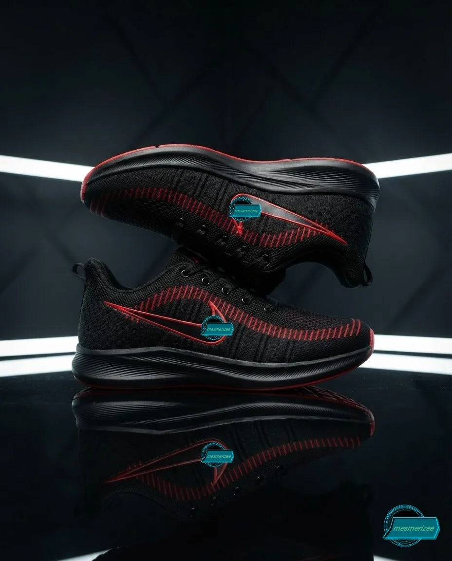 Mesmerizee black premium running mesh sneakers with red accents for men.