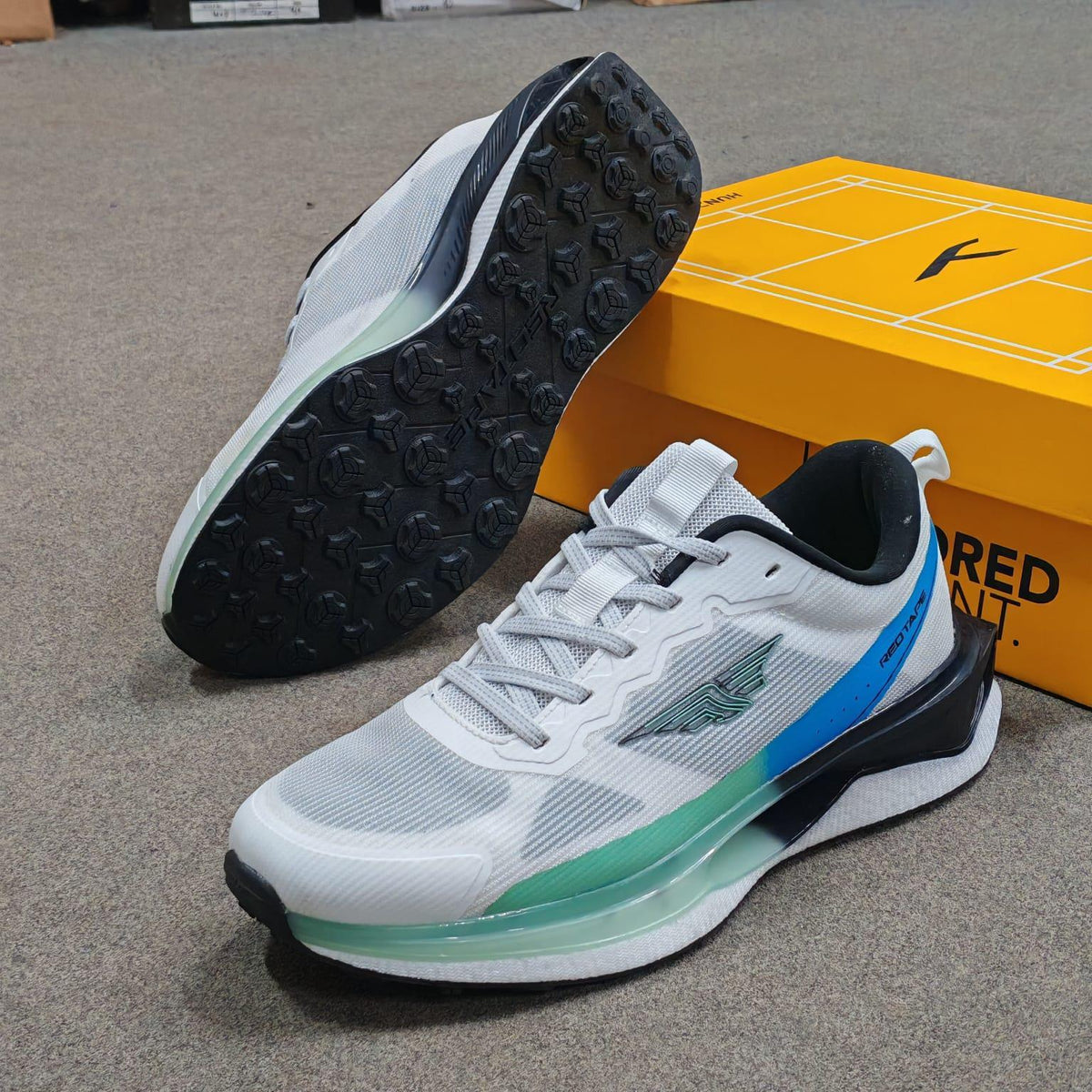 White Mesh Premium Running Sneakers for Men by Mesmerizeecom with blue and green accents