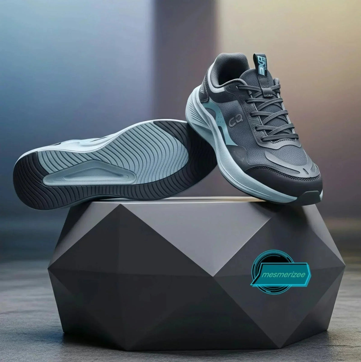 Mesmerizeecom ultra-comfort premium running mesh sneakers in dark grey and pastel blue.