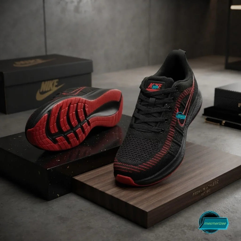 Mesmerizee black premium running mesh sneakers with red sole accents on a wooden stand.