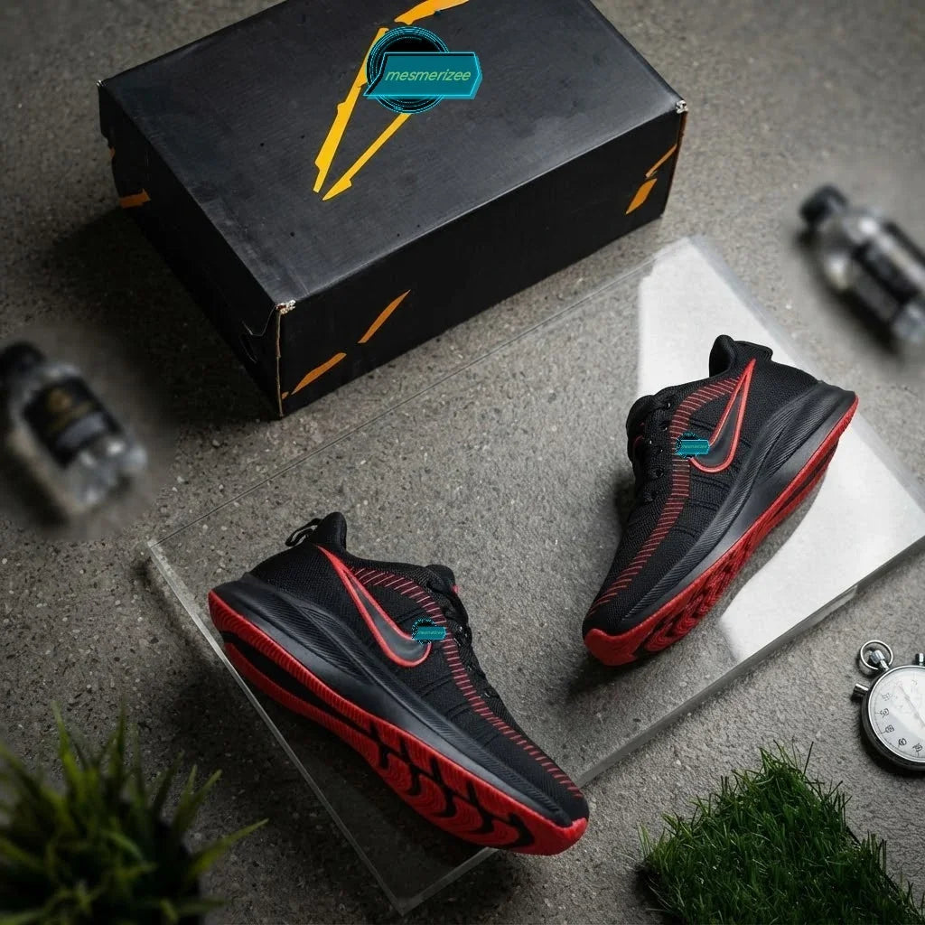 Black Mesmerizee premium running mesh sneakers for men with red soles