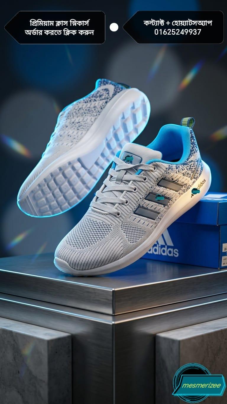 Light grey Mesmerizee premium running mesh sneakers for men with blue accents.