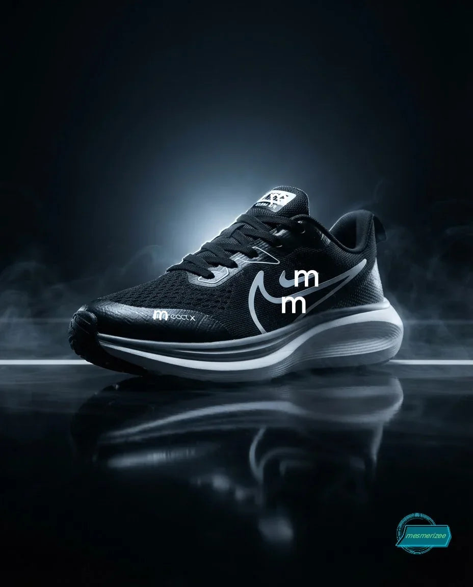 Black and white Mesmerizee premium running mesh sneakers for men with comfortable sole.