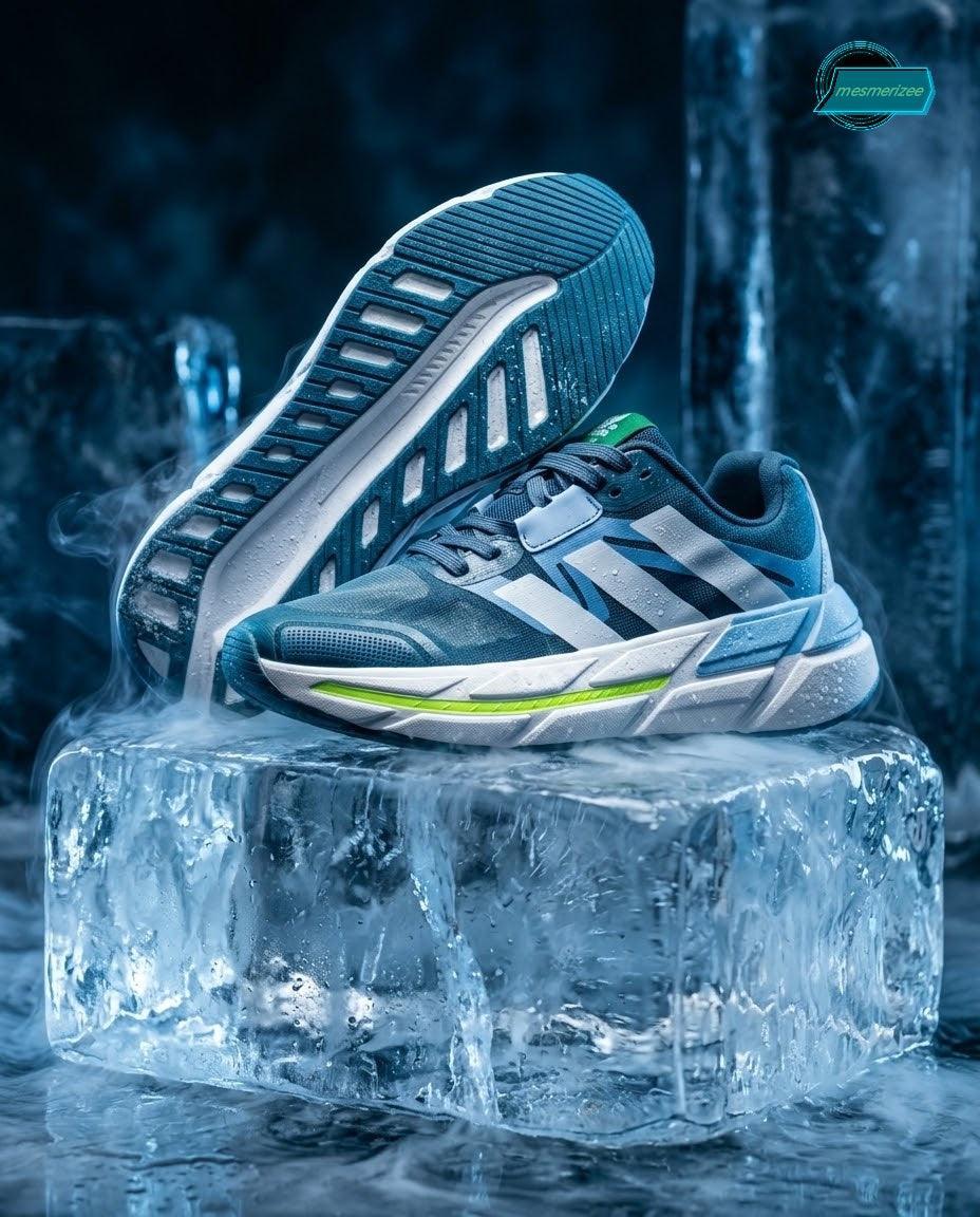Mesmerizee green premium running mesh sneakers for men resting on ice blocks.