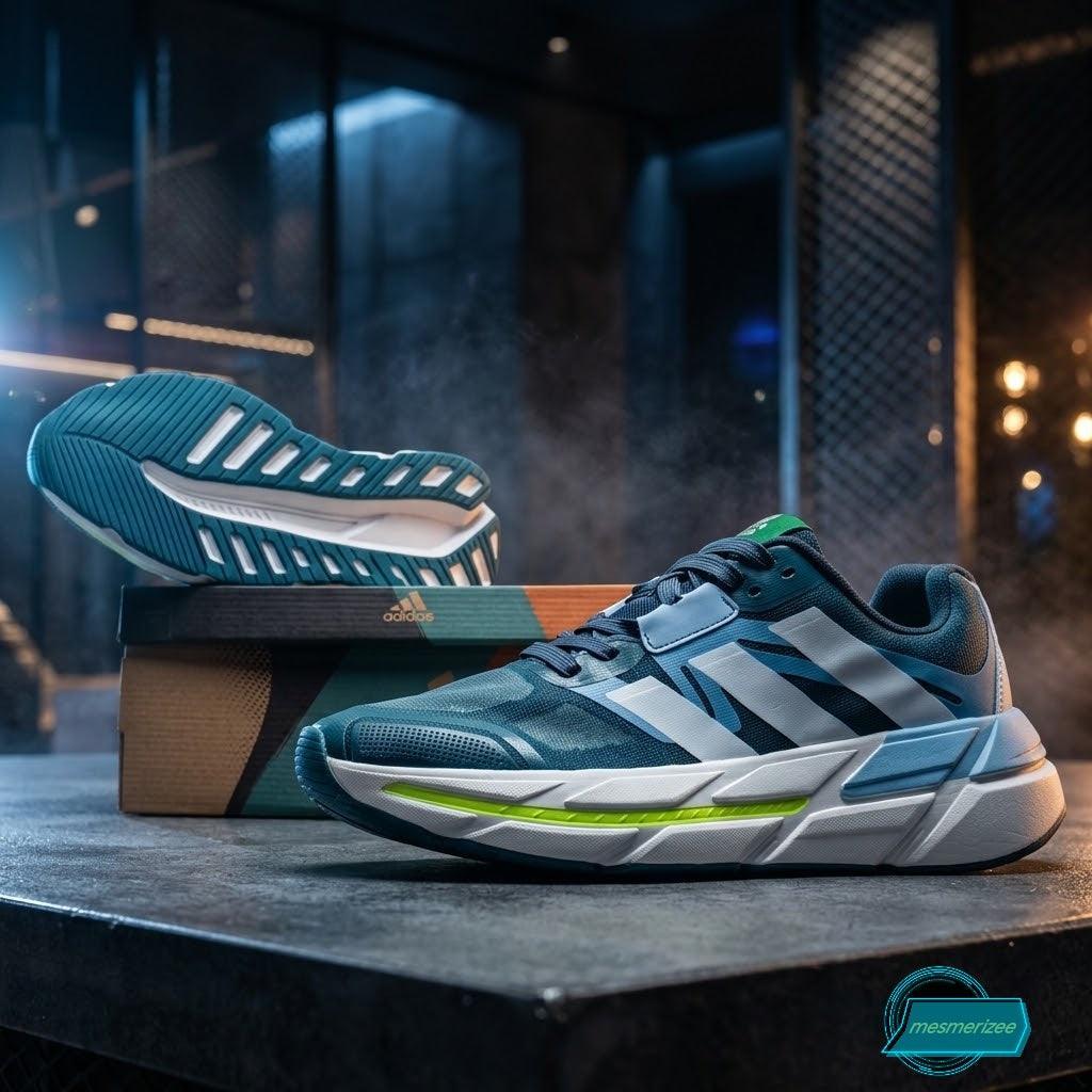 Mesmerizee green premium running mesh sneakers for men with white and blue accents.