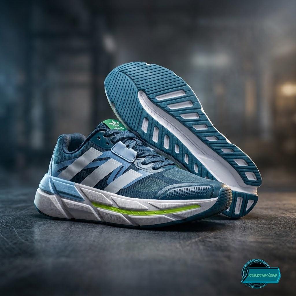 Mesmerizee green and blue premium running mesh sneakers for men with white striped details.
