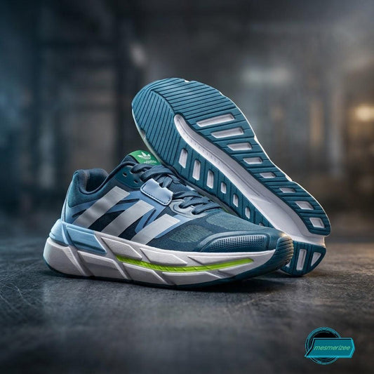 Mesmerizee green and blue premium running mesh sneakers for men with white striped details.