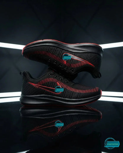 Mesmerizee black premium running mesh sneakers with red accents for men.