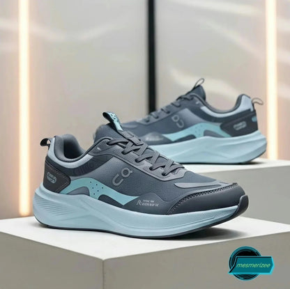 Mesmerizeecom Ultra-Comfort Premium Running Mesh Sneakers in dark grey and pastel blue.