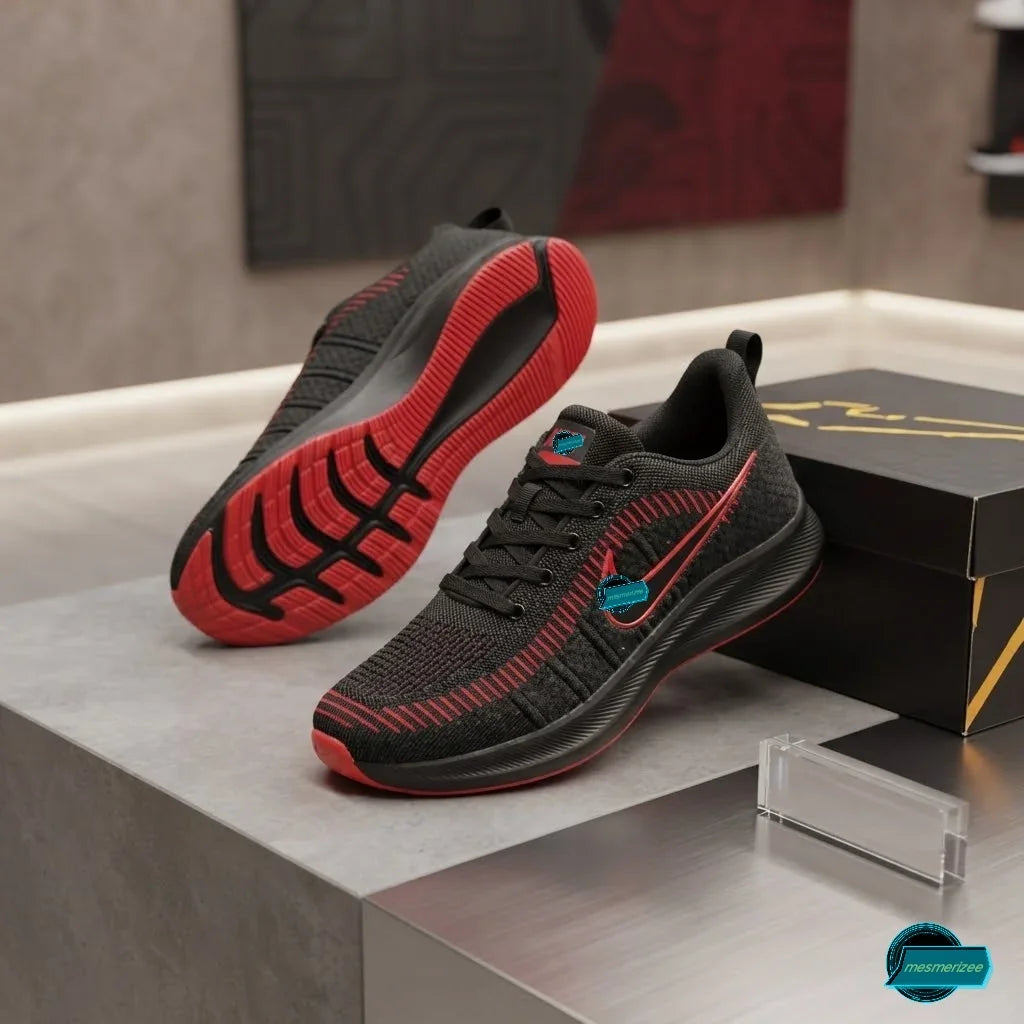 Mesmerizee black and red premium mesh running sneakers for men.