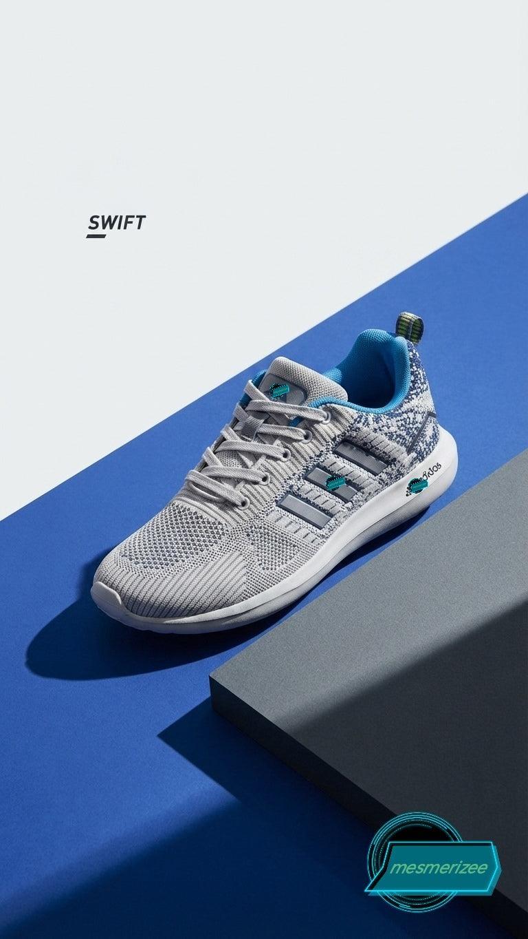 Mesmerizee light grey premium running mesh sneakers for men with blue accents.