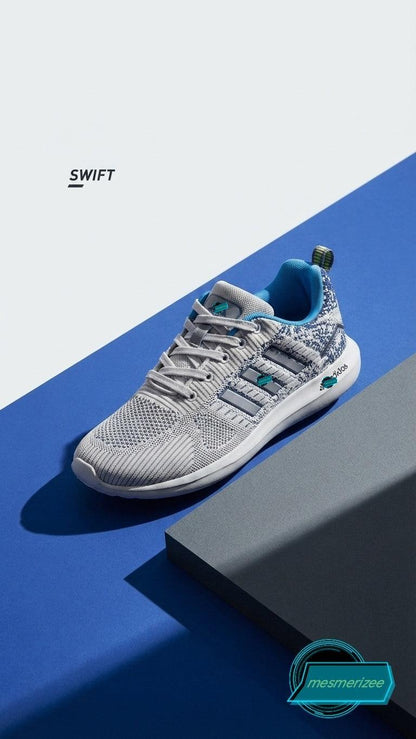 Mesmerizee light grey premium running mesh sneakers for men with blue accents.