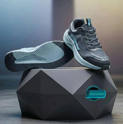 Mesmerizeecom ultra-comfort premium running mesh sneakers in dark grey and pastel blue.