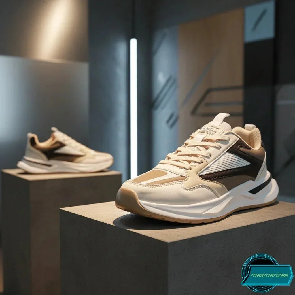 Cream Mesmerizee premium running mesh sneakers for men on a display pedestal.