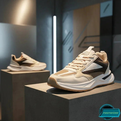 Cream Mesmerizee premium running mesh sneakers for men on a display pedestal.
