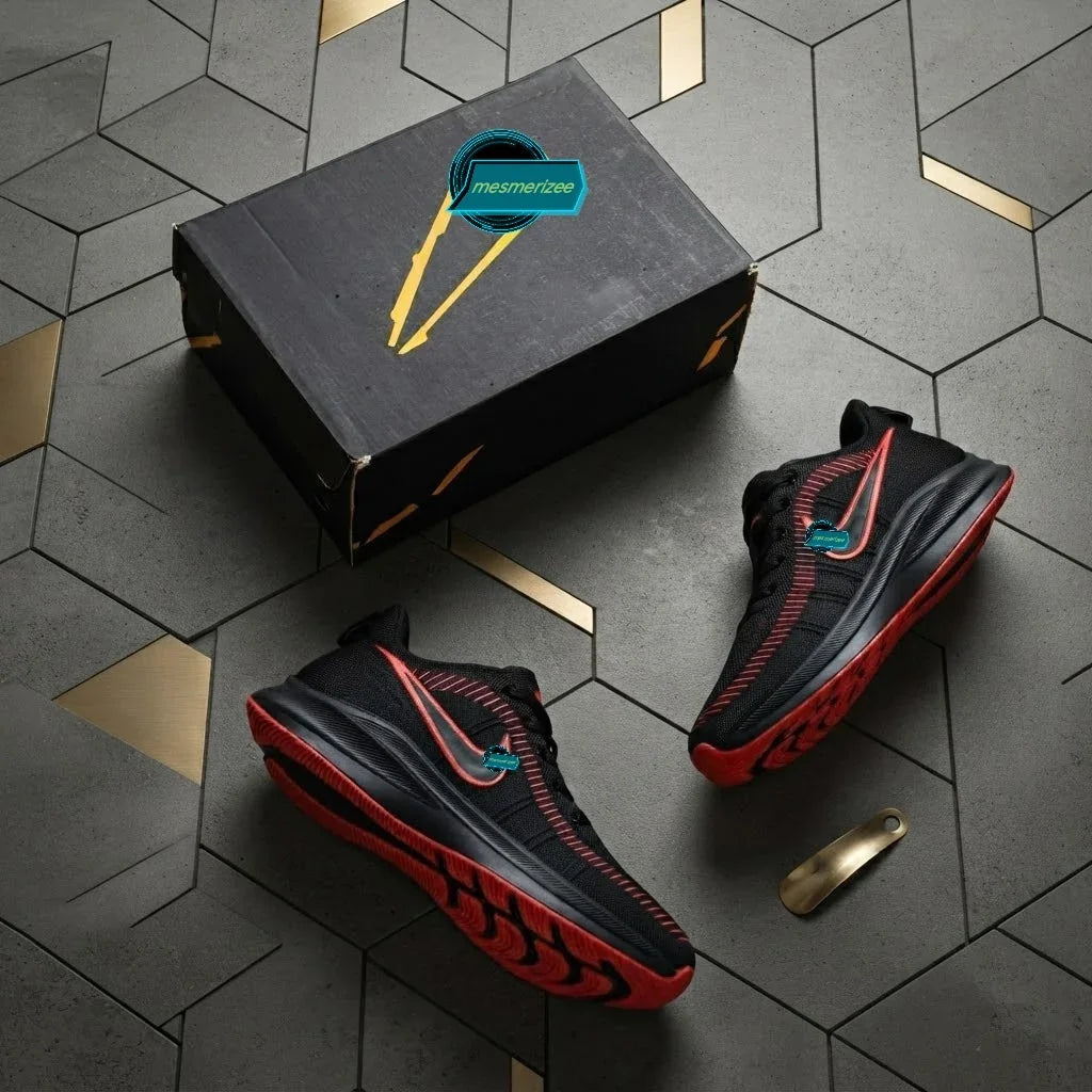 Mesmerizee black premium running mesh sneakers with red accents and matching shoebox.