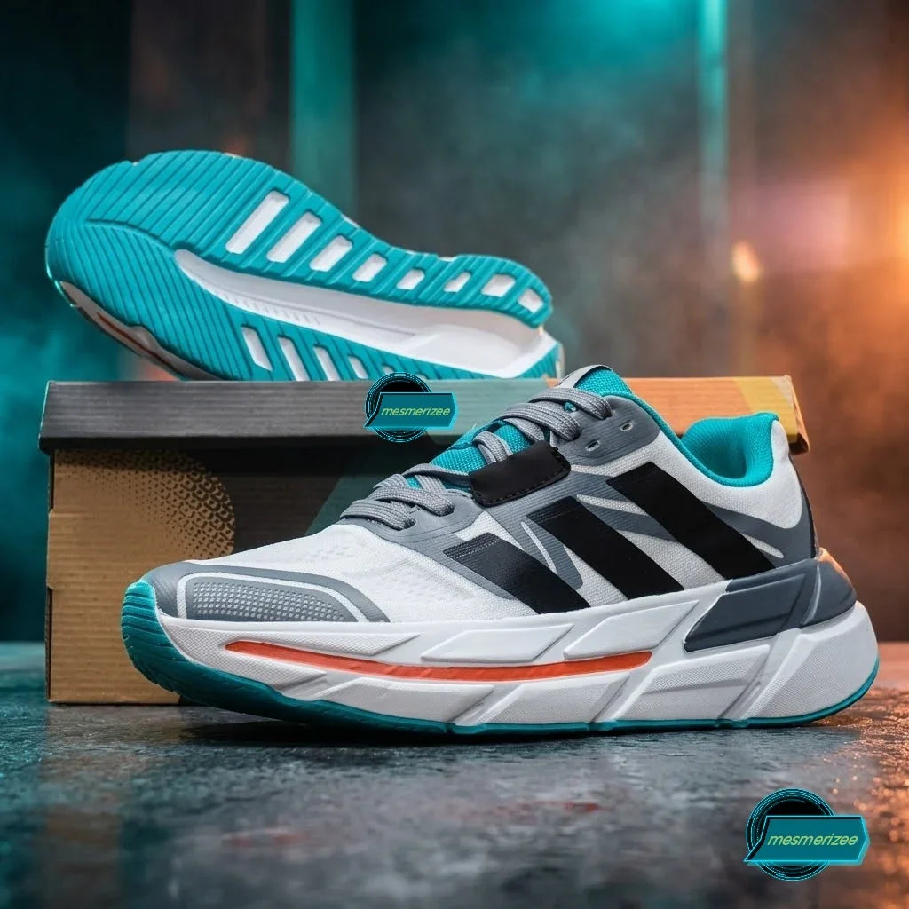Mesmerizeexyz white and grey premium running mesh sneakers for men with teal accents.