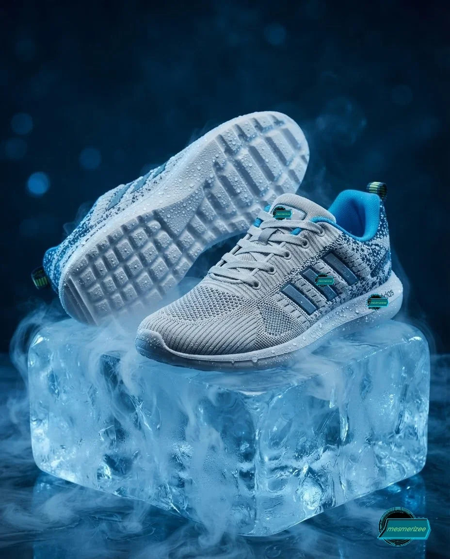 Mesmerizee light grey premium running mesh sneakers resting on a block of ice with mist.