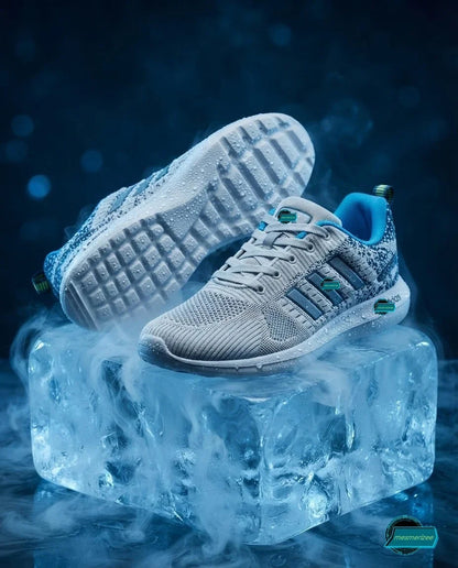 Mesmerizee light grey premium running mesh sneakers resting on a block of ice with mist.