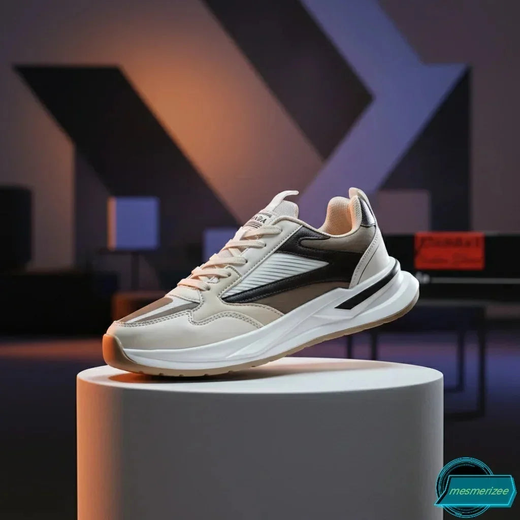 Mesmerizee cream premium running mesh sneakers for men on a white pedestal.