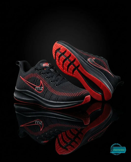 Mesmerizee black and red premium running mesh sneakers for men.