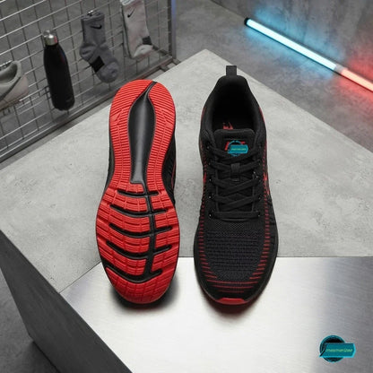 Mesmerizee black premium running mesh sneakers with red soles for men.