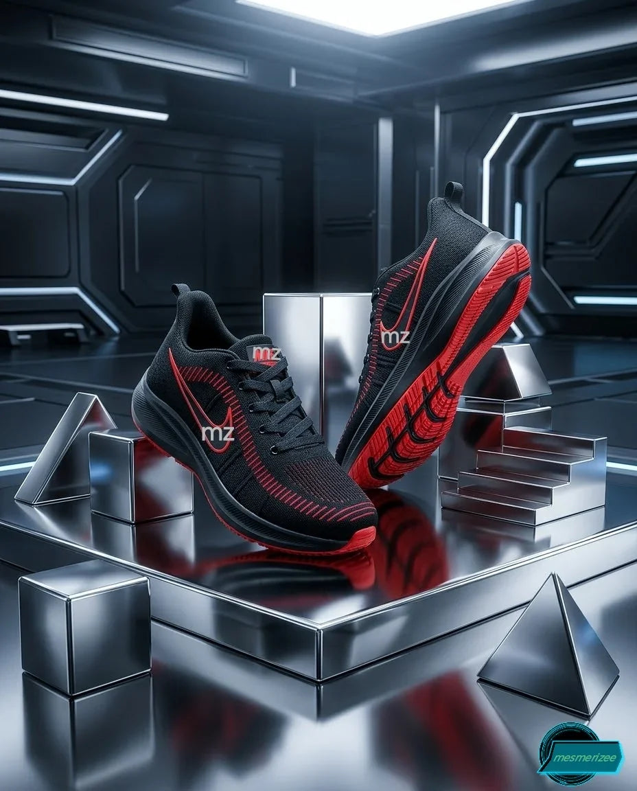 Mesmerizee black and red premium running mesh sneakers for men on metallic geometric pedestals.