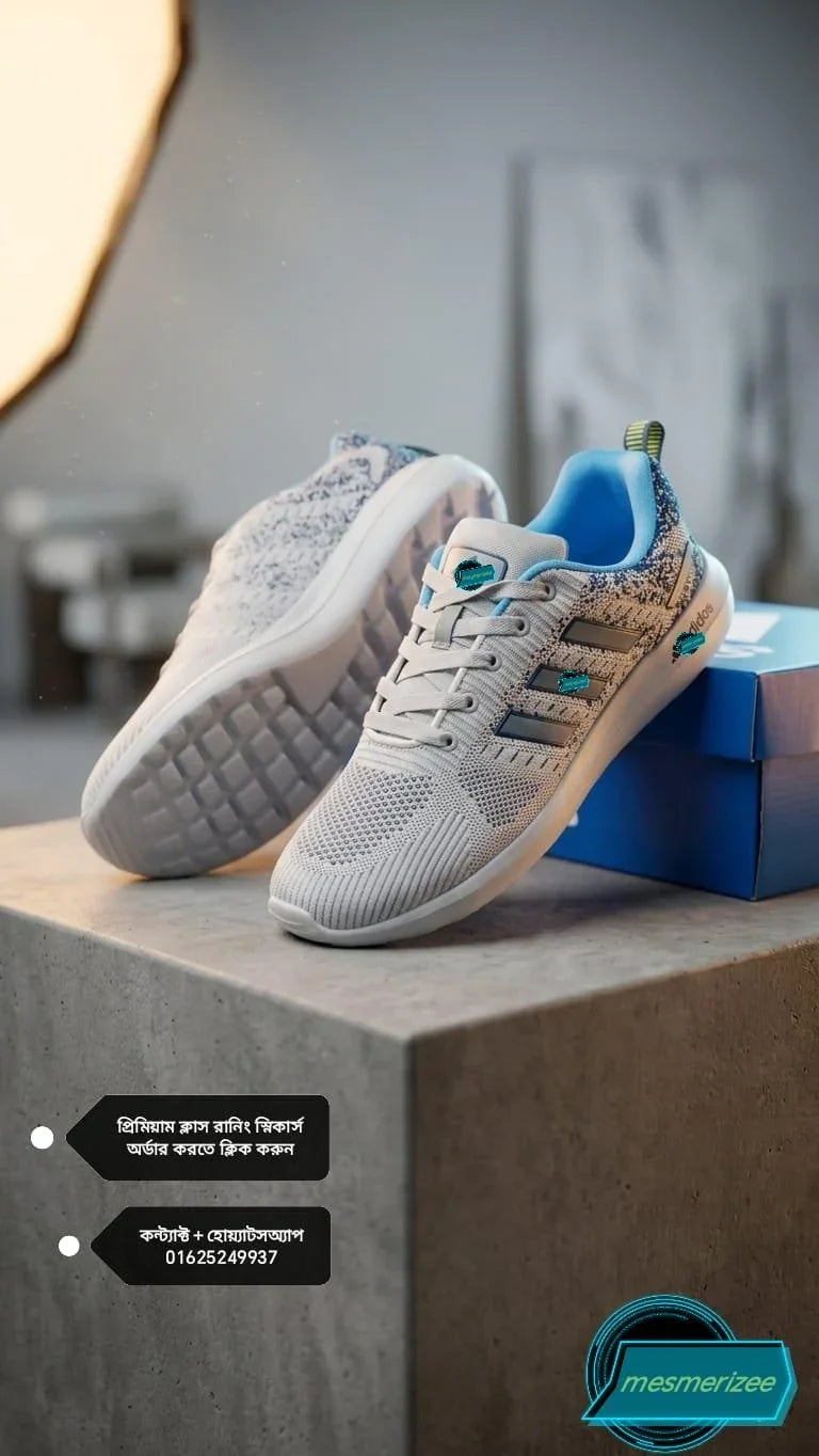 Mesmerizee light grey premium running mesh sneakers for men on a concrete pedestal.