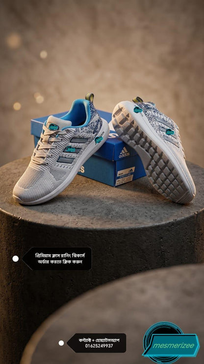 Light grey Mesmerizee premium running mesh sneakers for men with blue accents.