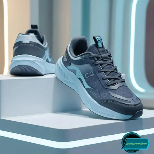 Mesmerizeecom Ultra-Comfort Premium Running Mesh Sneakers in dark grey and pastel blue.