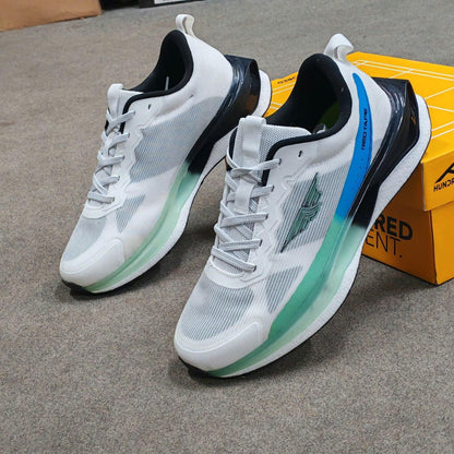 White and teal premium running mesh sneakers for men by Mesmerizeecom.