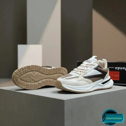 Mesmerizee Cream Premium Running Mesh Sneakers for Men showing sole and side view