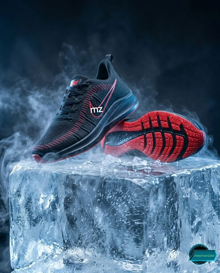 Mesmerizee black premium running mesh sneakers on an ice block with mist.