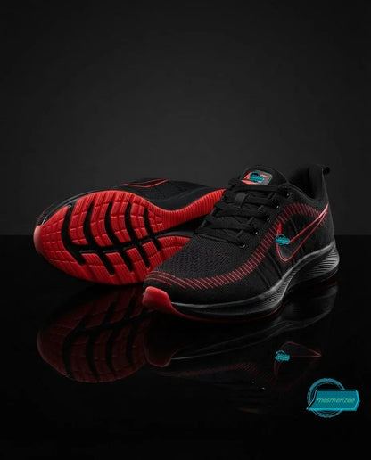 Mesmerizee black premium running mesh sneakers for men with red soles.